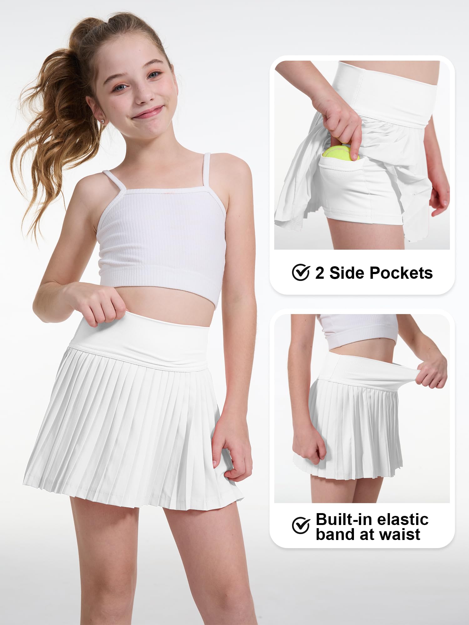 Jupe de Tennis pour Filles Jupe de Tennis avec Short Jupe Patineuse Plissée pour Enfants Jupe de Golf (FR/ES, Âge, 10 Ans, 12 Ans, Taille Normale, Blanc)