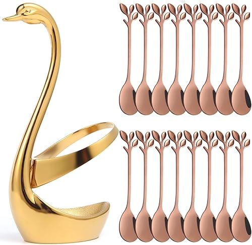 AnSaw Soporte de base de cisne pequeño dorado con oro rosa, juego de cucharas de café con mango de hoja de 4.7 pulgadas