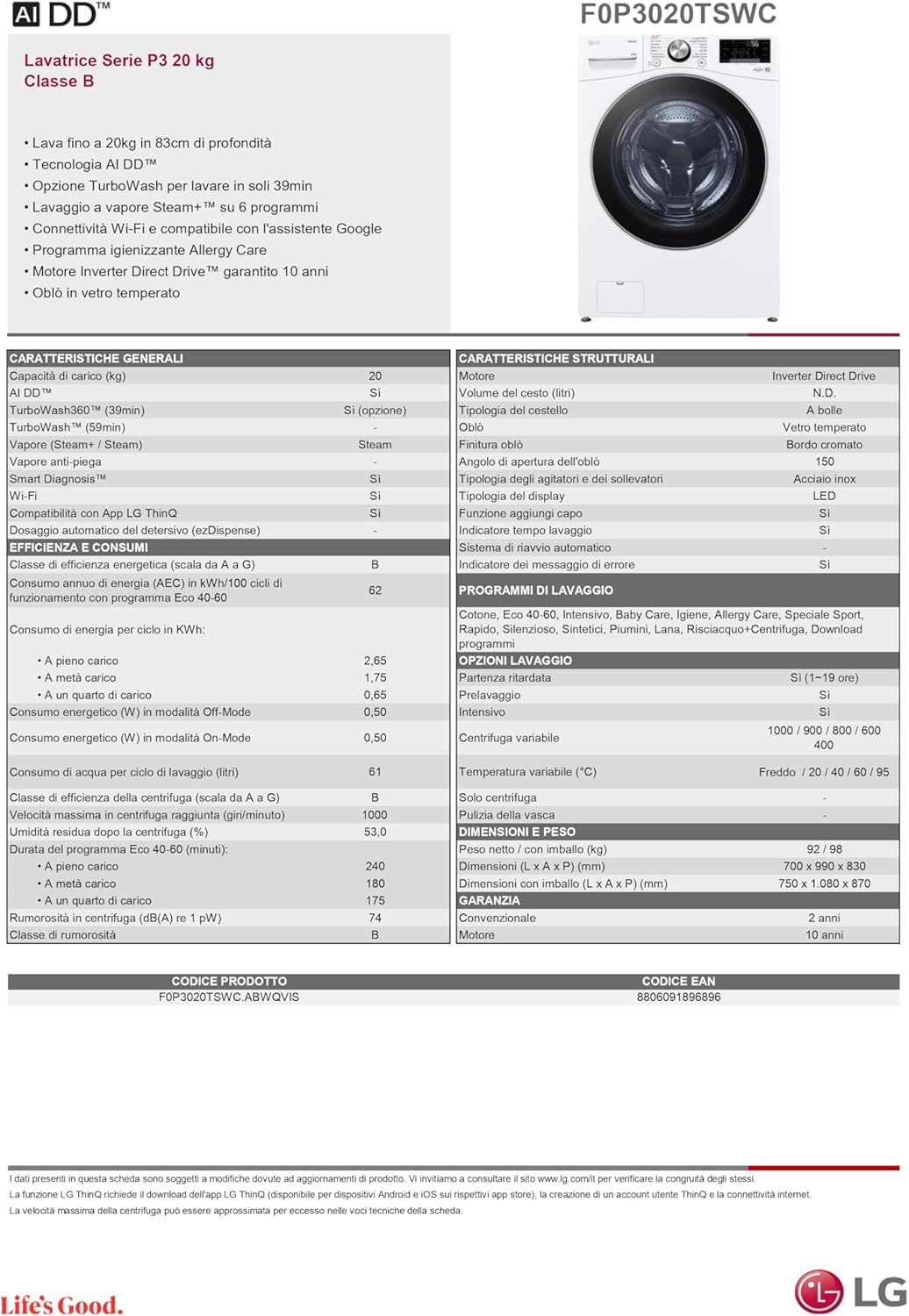 LG AI DD F0P3020TSWC Lavatrice 20kg, a Carica Frontale, Capacità XL Serie P3, Classe B, 1000 Giri, TurboWash 360, Vapore, Wi-Fi, Motore Inverter Direct Drive, Libera installazione, Bianco