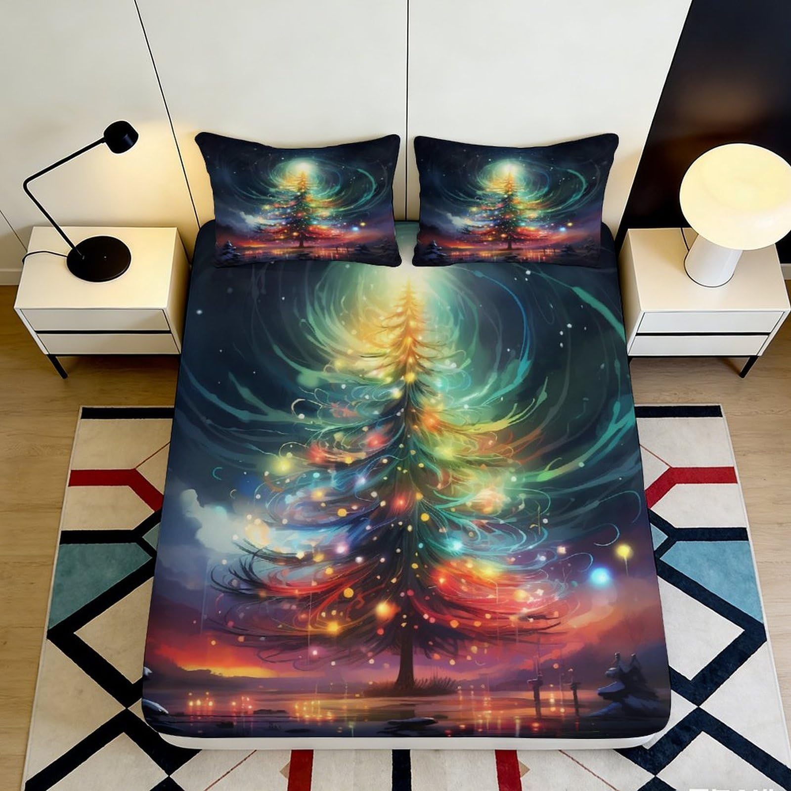 3D Printed Christmas Tree Fitted Sheet, Microfiber, soft touch, wrinkle resistant, bed cover for bedroom, guest room bedding, easy care, dustproof, decor accent, festive design, 120x200cm 90x200x25cm