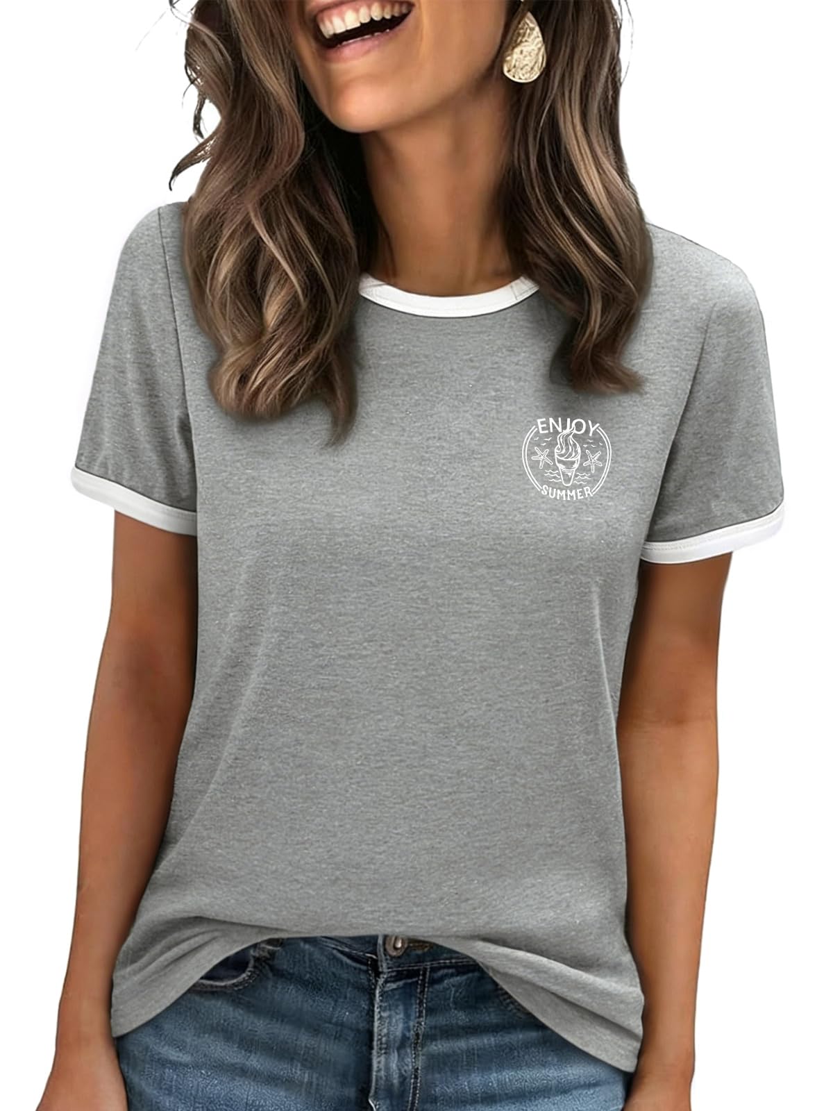 Wayleb T Shirt Damen Rundhals Kurzarm mit Print Sommer T-Shirt Casual Oberteile Elegant Tee Tops S-XXL