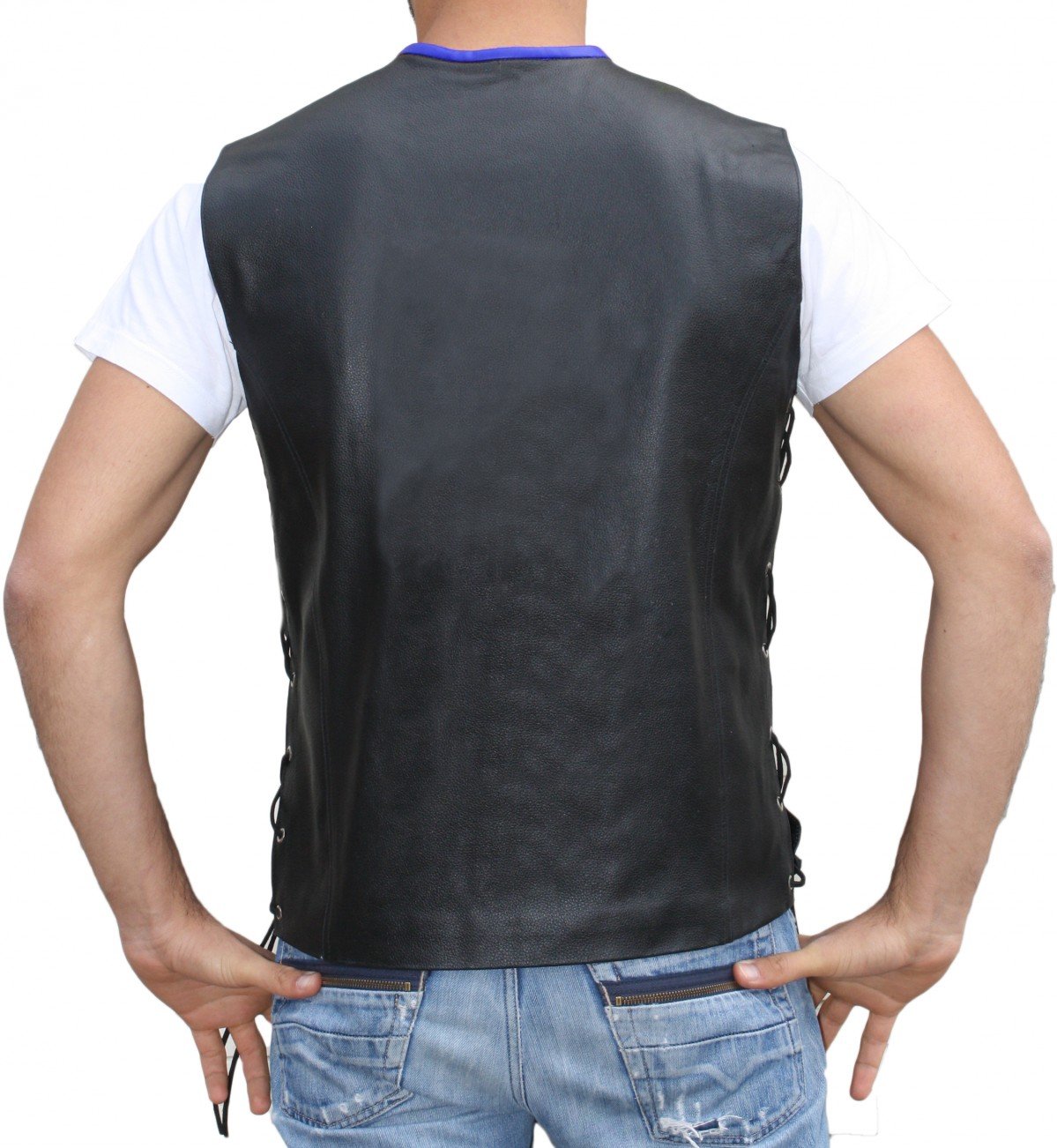 German Wear Lederweste Herren Motorradweste Bikerweste aus echtem Kalbsleder mit seitlicher Schnürung Karabinerhaken und Taschen Ärmellos Schwarz Blau