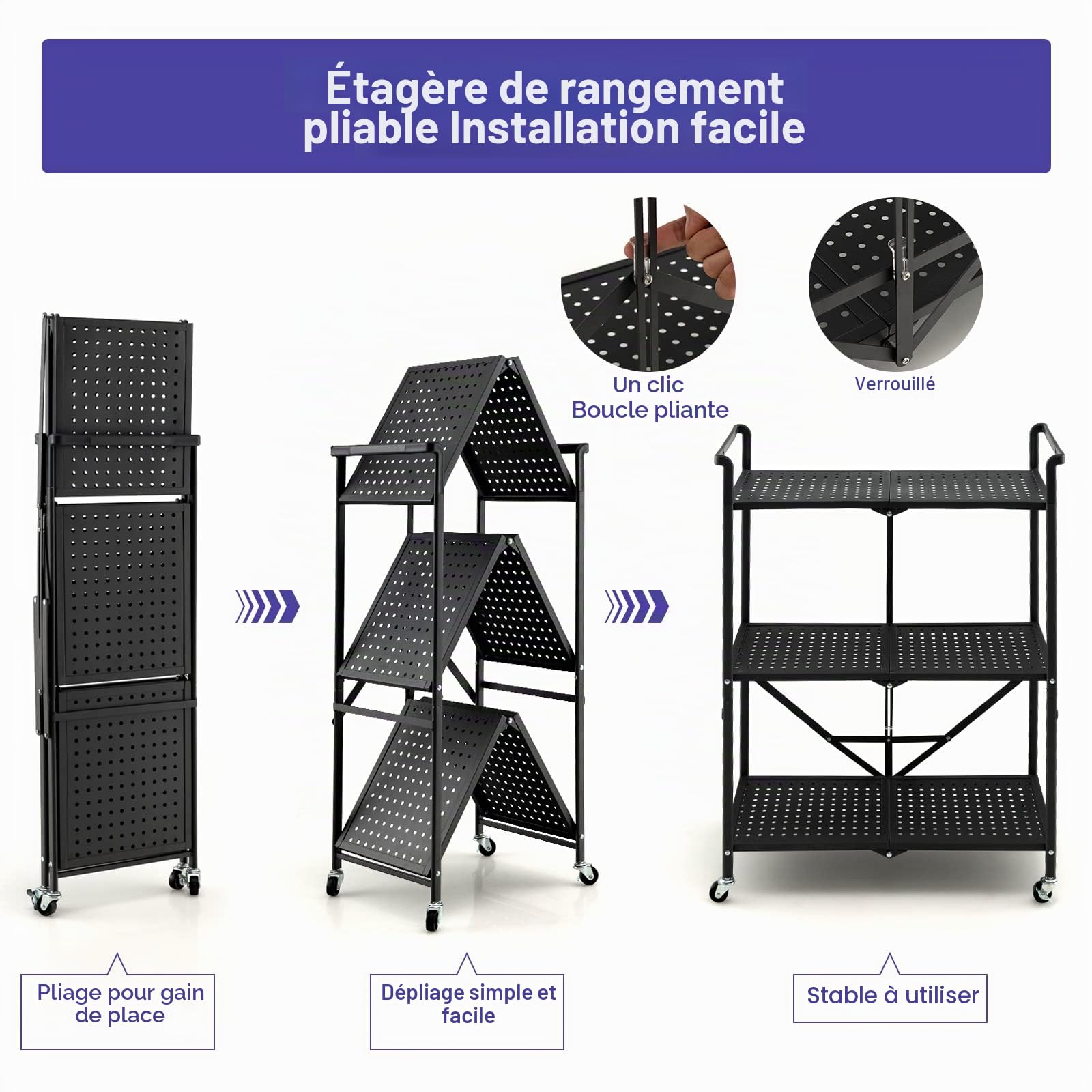 HOMASIS Chariot de service pliable à 3 niveaux, avec 4 roulettes avec 2 freins, chariot de rangement peu encombrant, étagère en métal, étagère de cuisine, chariot d'appoint pour cuisine, bureau, noir