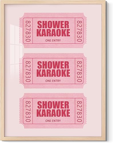 Divertido arte de pared para baño, póster de lienzo de karaoke rosa con diseño de ducha, estilo retro, femenino, decoración de baño, ducha, canto,