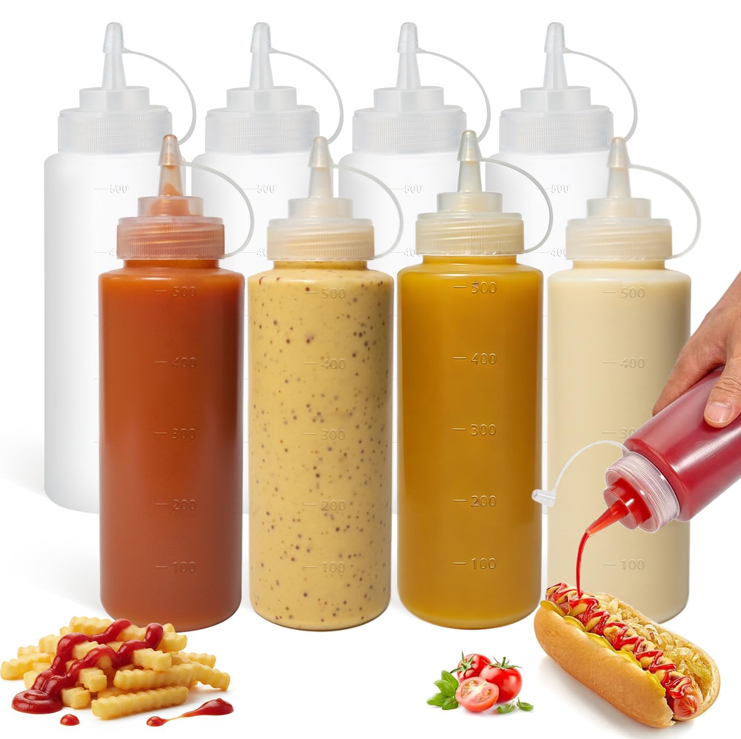 OAMCEG 16OZ/470ml Sauce Squeeze Bottles - 8 Pack BPA-Free Plastic Ketchup & Condiment Bottles with Measurement for Syrup, Dressings, Mayonnaise，Hot Sauce