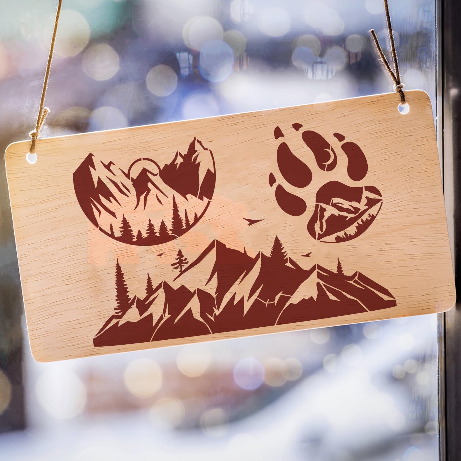 6 stencil e motivi riutilizzabili: montagna, fauna selvatica, cervo, albero per dipingere su legno