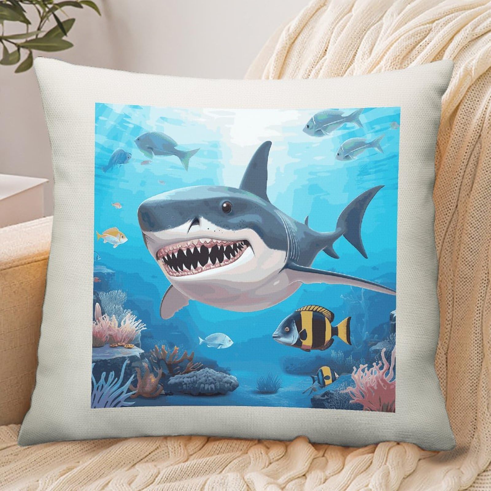 Adfgyerh Style Shark Ocean Theme Pillow Cover Breathable,Pillowcases Boho Decorative Envelope Closure,Throw Pillow Covers For Beach,Patio,Balcony,Couch Living Room 18 * 18In