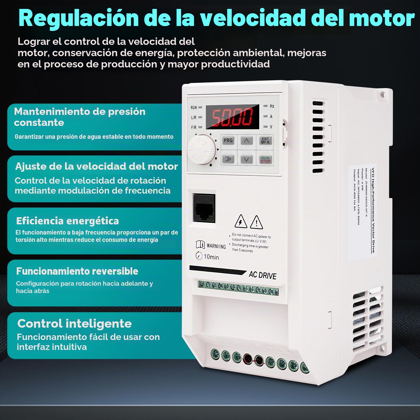 Variador de Frecuencia Trifasico 380V Controlador de Frecuencia Variable 4KW Inversor de Frecuencia Variable CNC Regulador de Velocidad Motor para Ventiladores, Cintas Transportadoras ZHB600-4KW