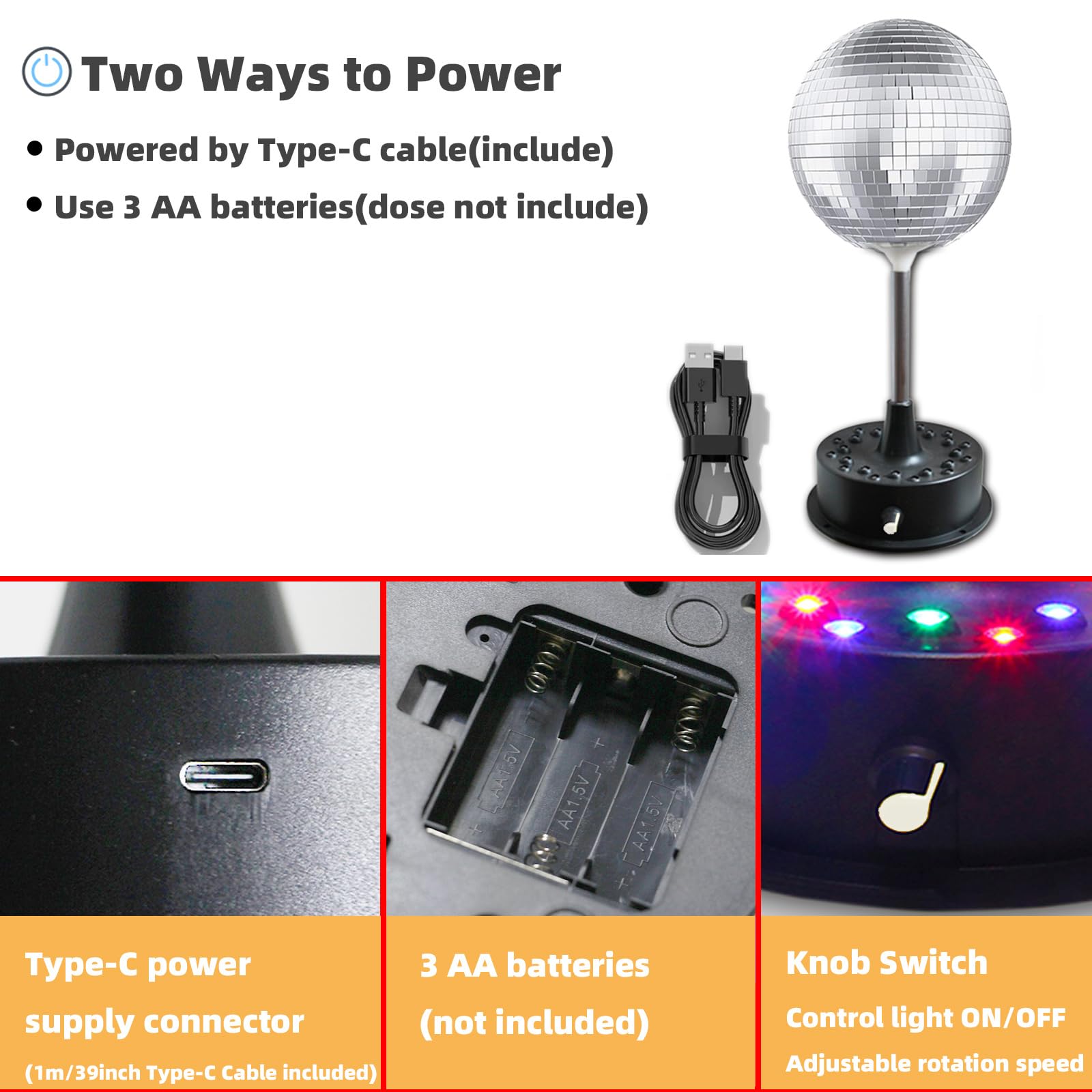 Boule disco rotative de 15,2 cm à suspendre avec base de moteur rotatif réglable de 5 tr/min à 9 tr/min, 24 LED RVB, idéale pour les fêtes, les clubs, les scènes, les bars de danse (alimentation par