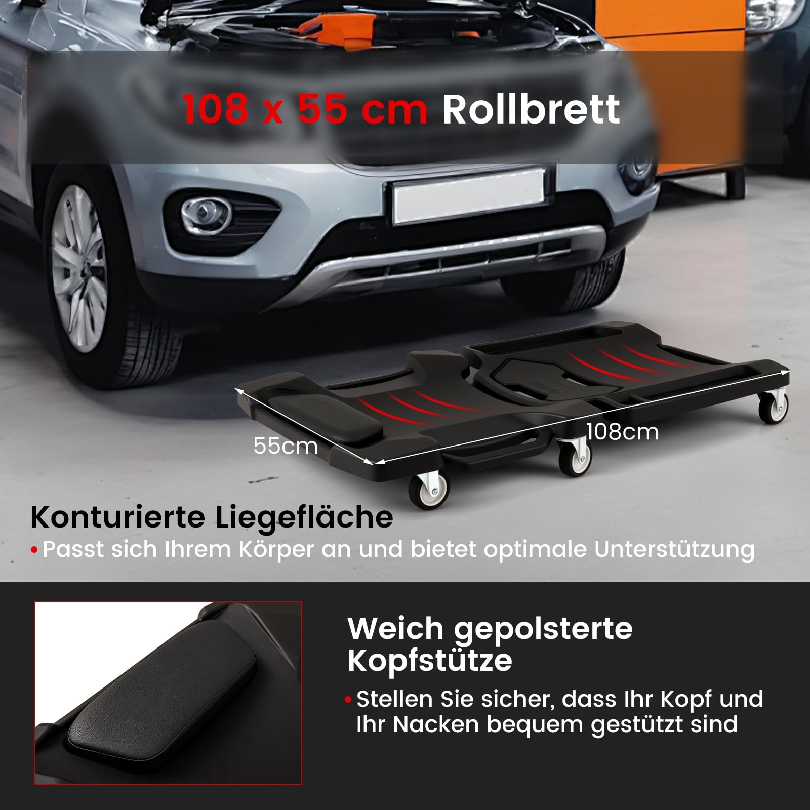 GOPLUS Rollbrett, Transportroller mit 500 kg Tragfähigkeit und 6 beweglichen Rollen, Montagerollbrett mit Kopfstütze, Werkzeugablagen, Werkstattliege für Garage, Werkstatt & Kfz-Reparaturen