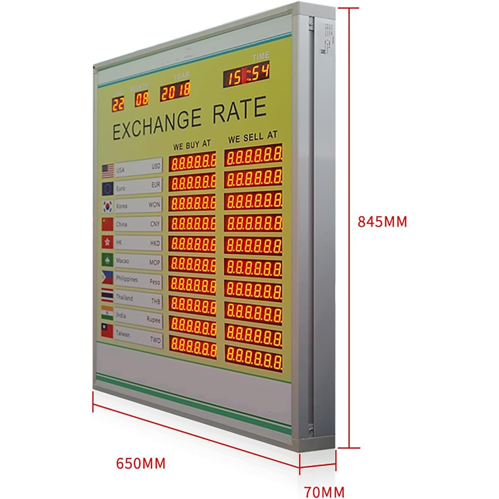 LED Exchange Rate Display, Foreign Exchange Price Exchange Rate Screen, Automatic Time Update and Power-Off Memory Function, Remote Control Input, for Banks and Financial Institutions