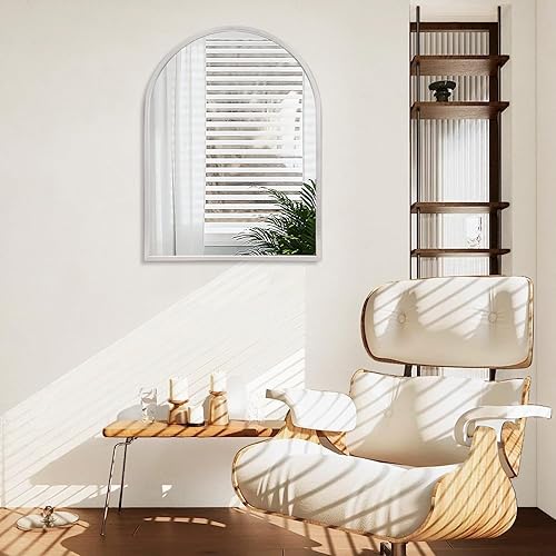 Miniatura 100 de Espejo de pared arqueado negro con marco de aleación de aluminio, espejo de baño de metal cepillado, espejo montado en la pared para sala de estar