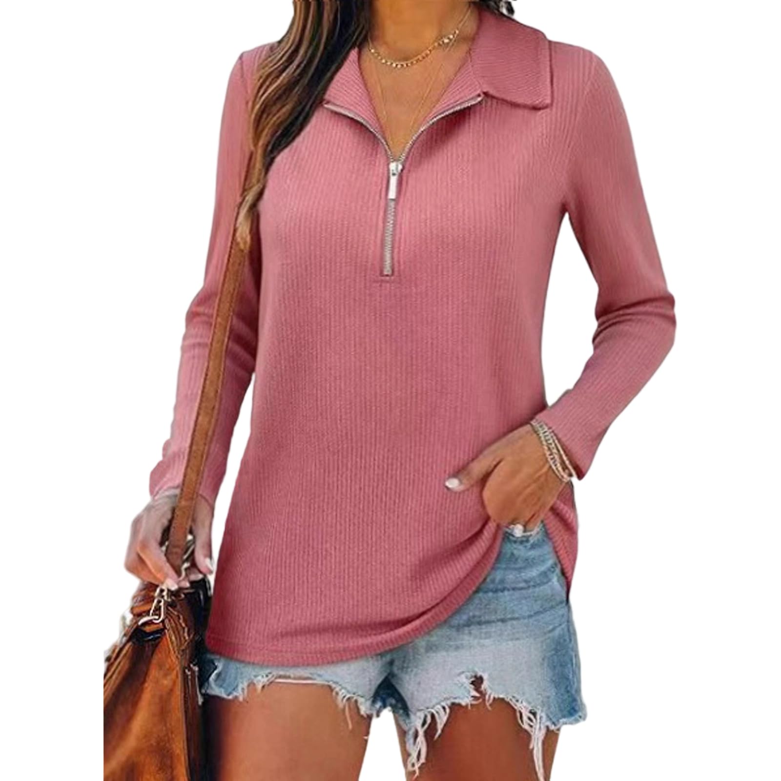 Gumipy Quarter Zip Pullover Women Lapel V Neck Knit Sweaters Trendy Ribbed Half Zip Pullover Sweaters Collared Tunic