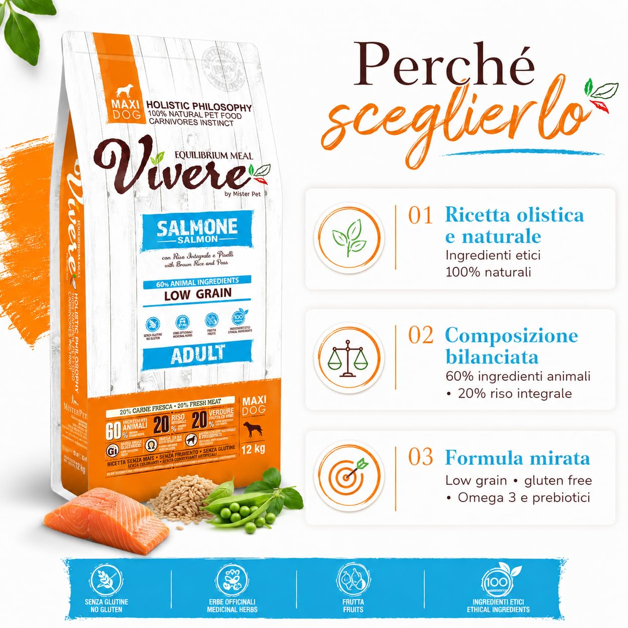 Vivere Adult Maxi Crocchette Cane Adulto con Salmone, Mangime Secco Low Grain Gluten Free per Cani Taglia Grande, Alimento Completo con Omega 3, Prebiotici, Frutta ed Erbe, 12 kg