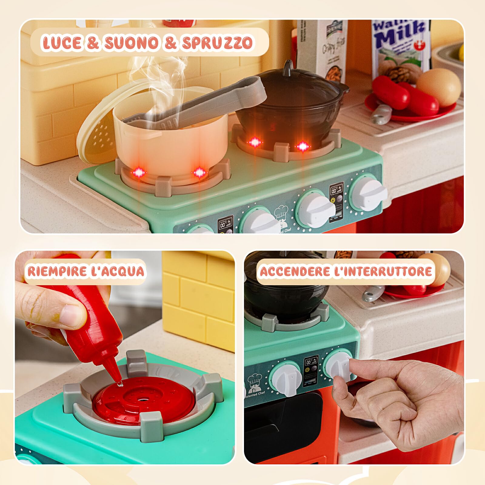 RELAX4LIFE Cucina Giocattolo per Bambini con 42 Accessori, Gioco di Cucina con Effetti Sonori e Luminosi, Funzioni vapore e Ebollizione, Gioco Cucina Realistica per Bambini 2 3 4 5 6 Anni (Rosso)