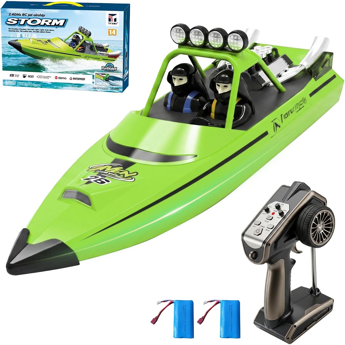 RC Boat W/ 2.4GHz Remote Control, 2 Rechargeable Batteries & LED Lights for Pool Lakes Water, High Speed RC Sport Jet Boat RTR for Adults Gifts Toys (Green)