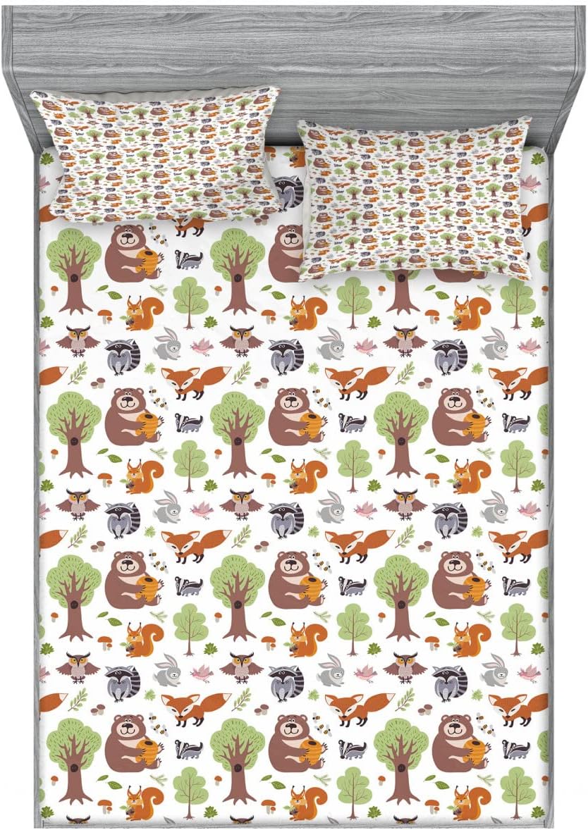 Ambesonne Forest 2 Pack Fitted Sheet & Pillow Sham Set, Doodle Woodland Animals, 4 Pcs Bedding Decor, Package Contains 2 Full Size Fitted Sheets & 4 Pillow Covers, Multicolor