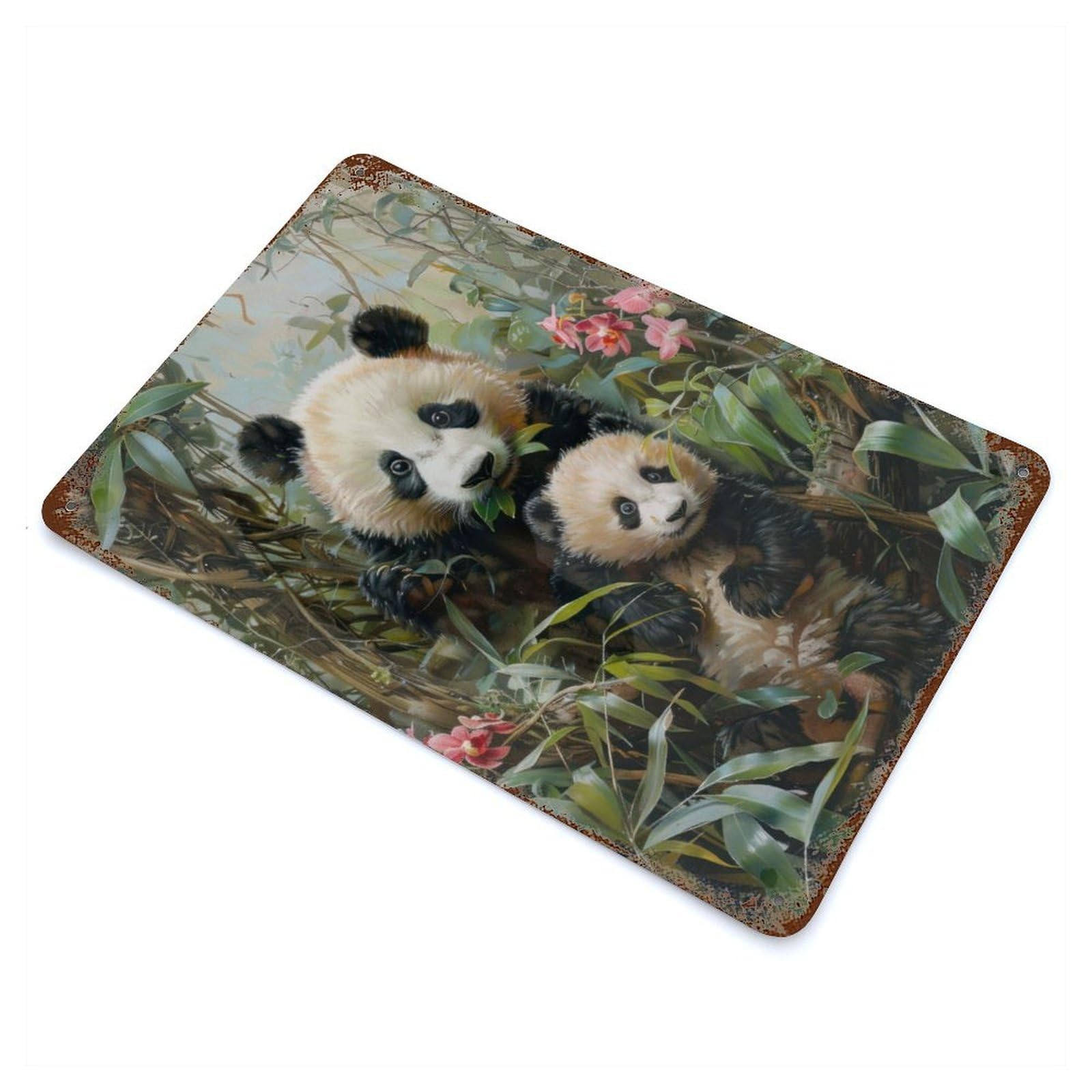 Pandas And Orchids 11.8"x7.9" Aged Metal Wall Plaque, Retro Wall Decor for Farmhouse, Kitchen And Entryway Decor