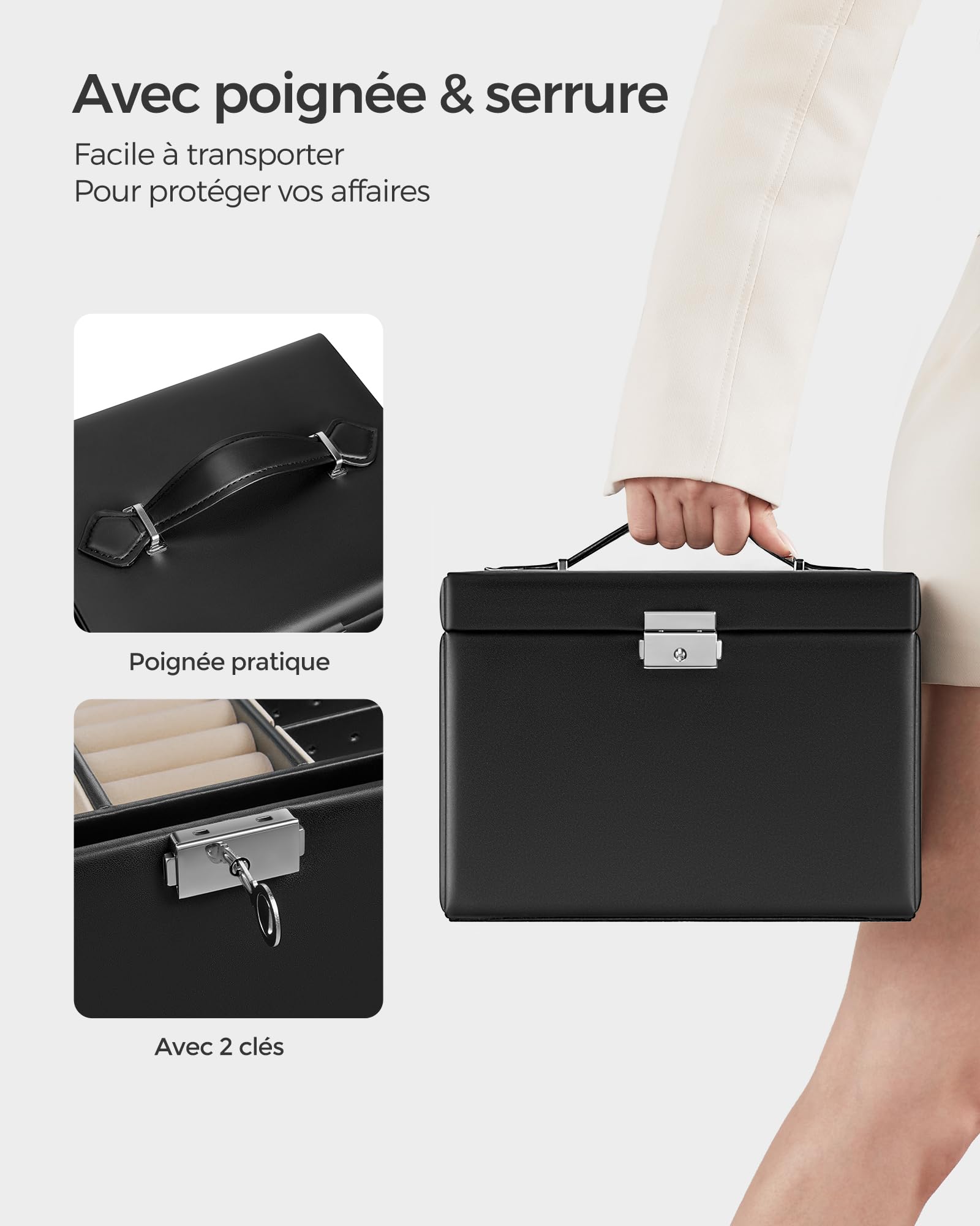 SONGMICS Boîte à Bijoux 4 Niveaux, Écrin à Accessoires avec 3 Tiroirs, Coffre de Rangement, Poignées, Miroir Intérieur, Verrouillable, Rangement pour Bijoux, pour Montres, Noir d'Encre JBC159B01