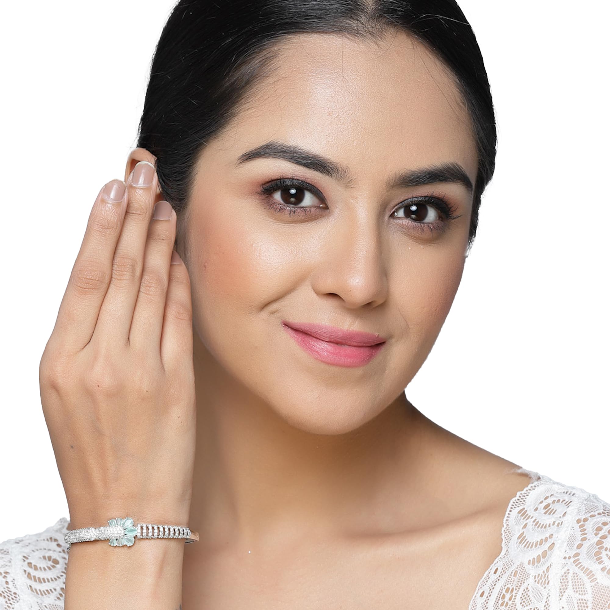 Rhodium-Plated Square Shaped American Diamond Kada Bracelet