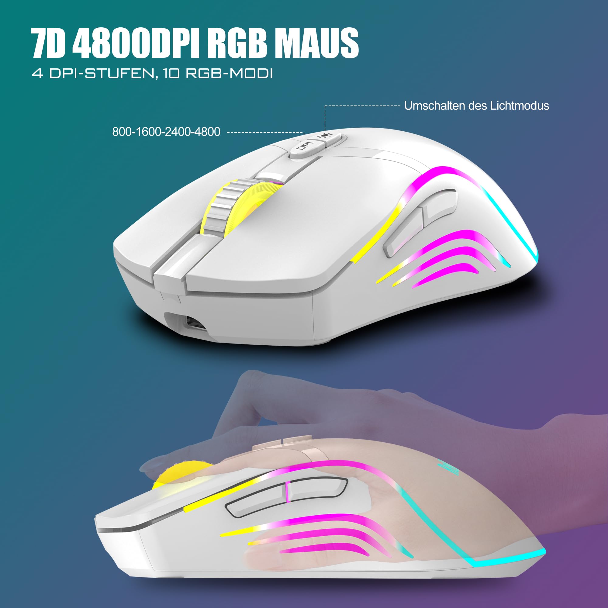 RedThunder K20 Kabelloses Gaming Tastatur und Maus Set, QWERTZ DE Layout, RGB Hintergrundbeleuchtung + Multimedia Funktionstasten, 4800DPI Kabelloses Maus für PC Mac Laptop(Weiß)