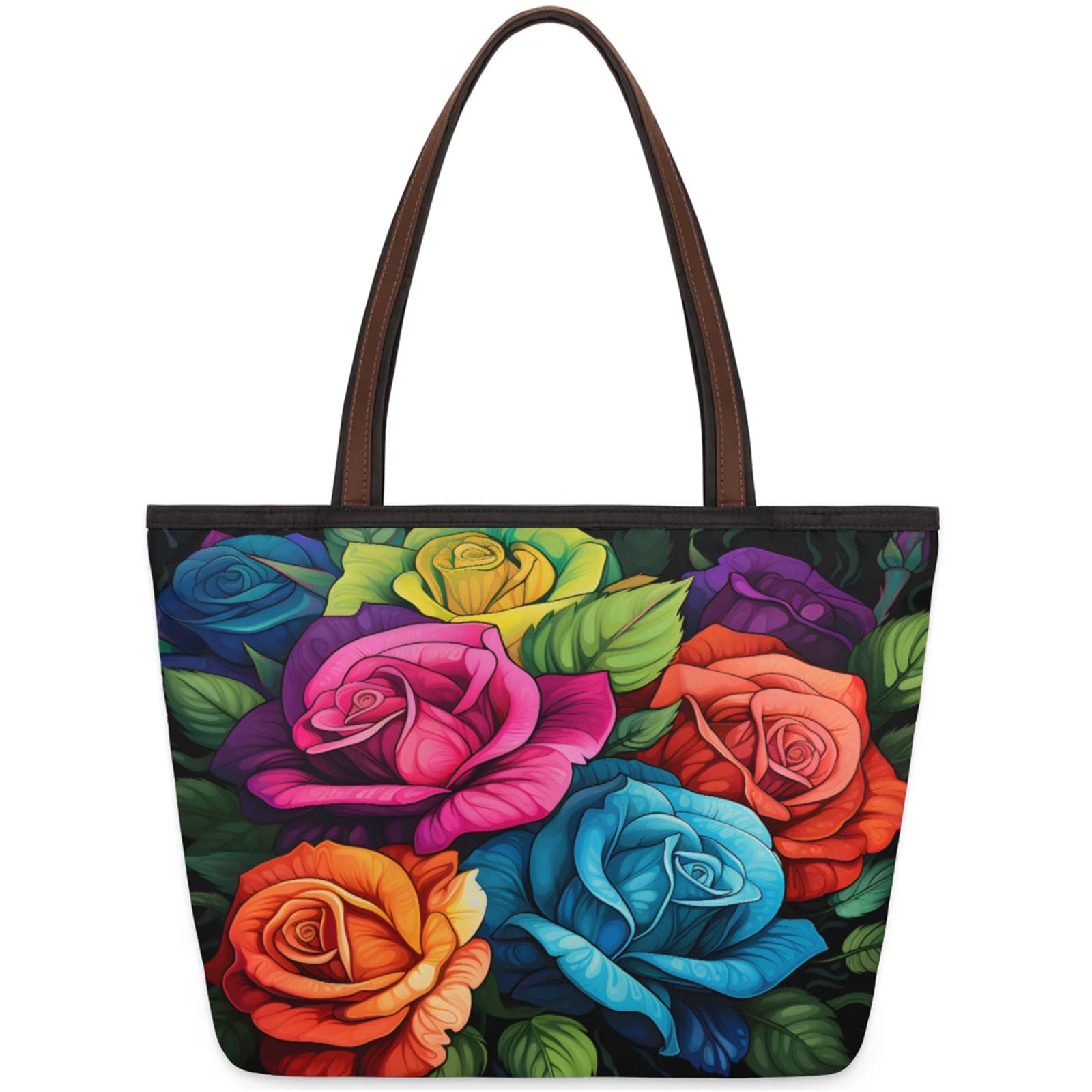 Colourful Rose Flower Tote Bag Multi Pocket Zippered Beach Bag Lightweight Waterproof Handbag for Women Men Work Gym Travel Swimming Yoga Grocery Shopping M