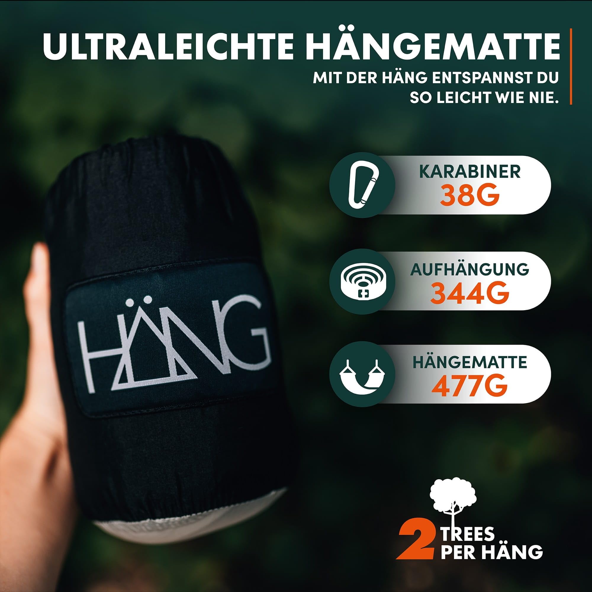 HÄNG XXL Hängematte 300 x 170 cm Outdoor - Wetterfest & Ultraleicht (850 g), 200 kg Belastbarkeit - für 2 Personen aus Fallschirmseide für Camping, Reise & Garten inkl. Befestigungsset