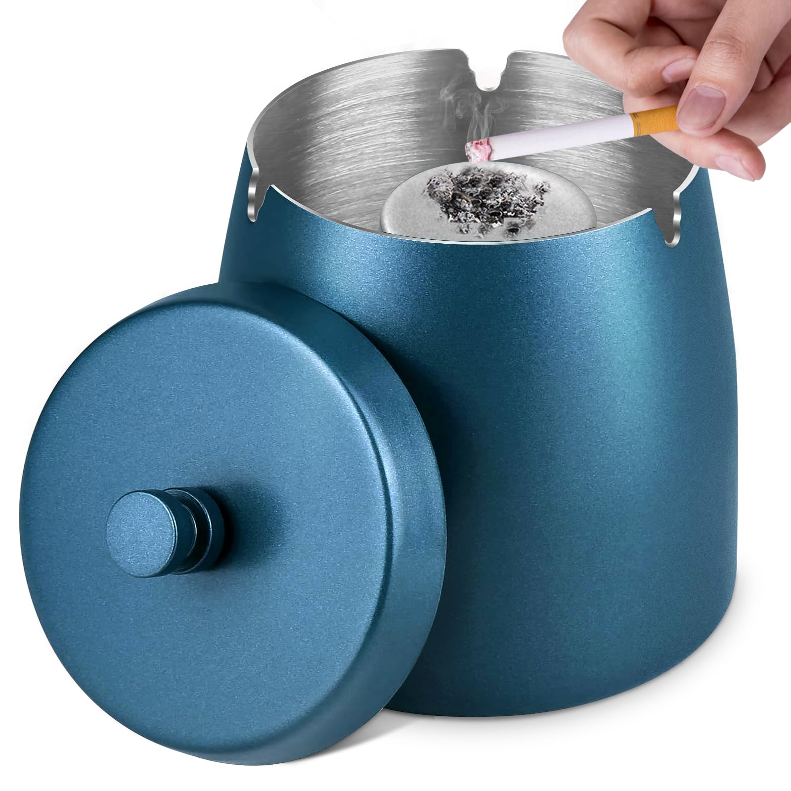 Ashtray, Ashtray with Lid (12 x 10 x 12 cm), Stainless Steel Ashtray for Outdoors, Storm Ashtray as Wind Ashtray, Standing Ashtray with Non-Slip Base for Outdoor and Indoor Use (Blue)