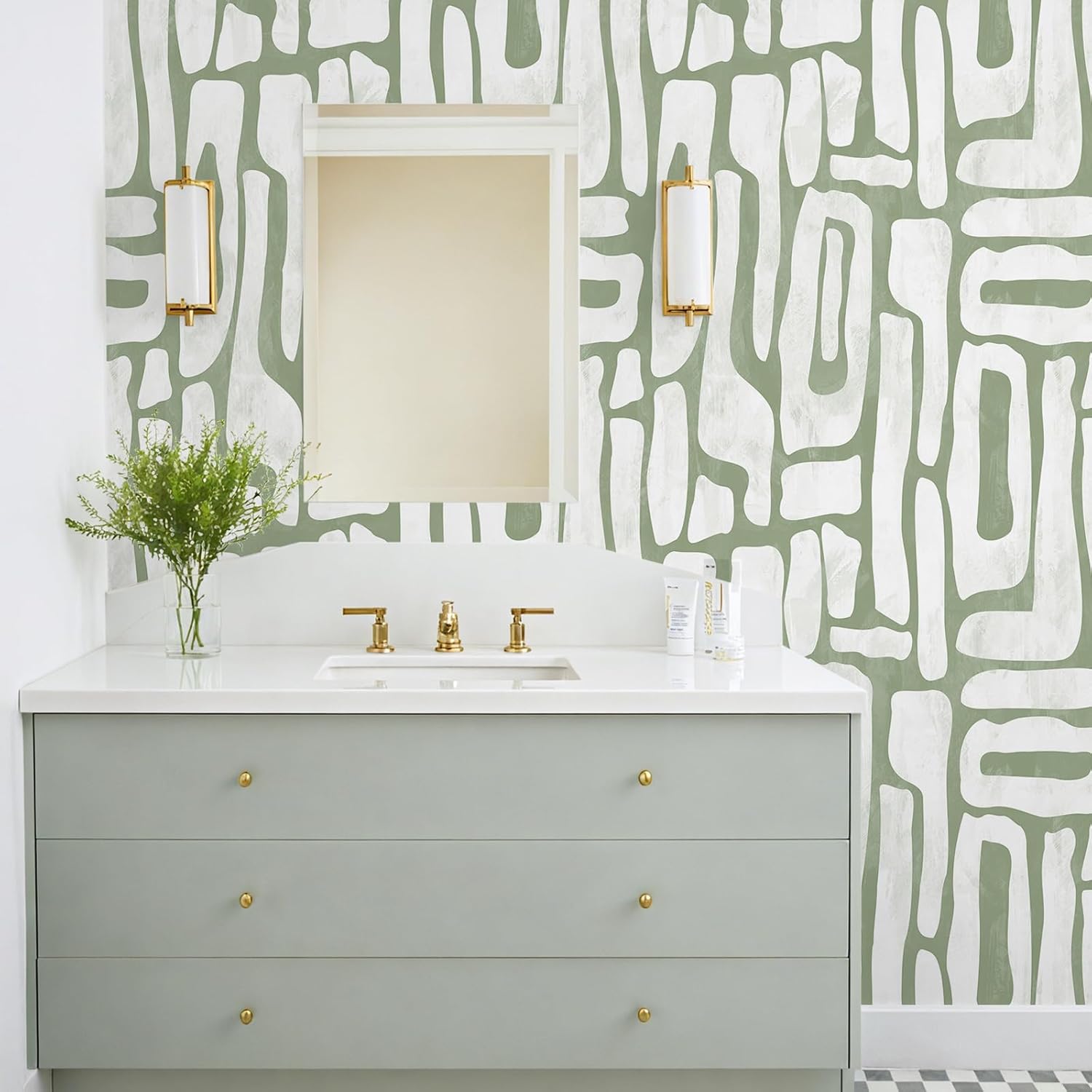 VEELIKE Sage Green Geometric Peel and Stick Wallpaper Modern Abstract Wallpaper for Bedroom Bathroom Accent Walls 17.7''x354'' Self Adhesive Mid Century Wall Paper Geometric Contact Paper Removable