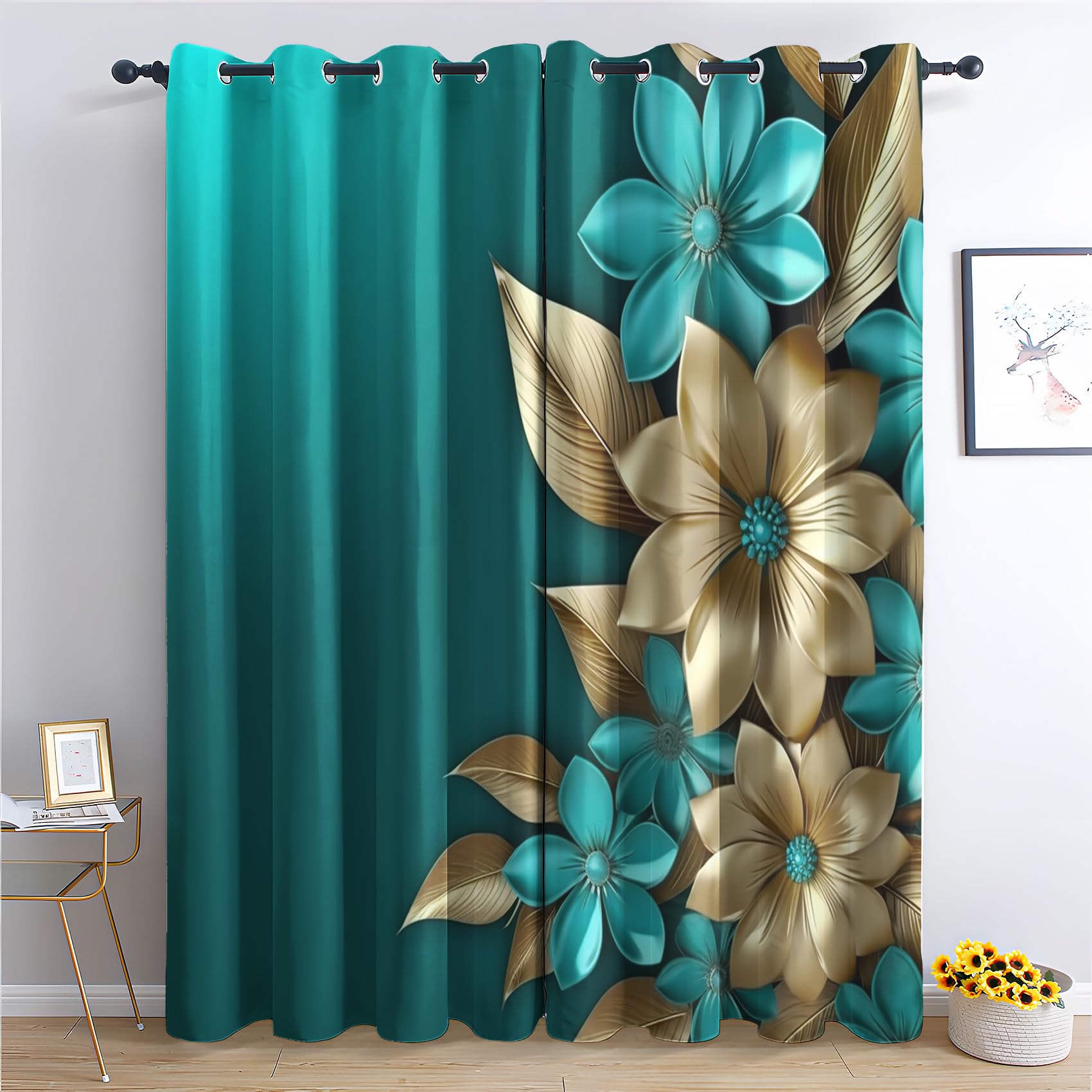 QEODAH Turquoise Blackout Curtains for Bedroom - Teal and Gold Floral Abstract Flower Living Room Curtains 66x72 Eyelet - Soft Thermal Insulated Patterned Drapes for Windows - 2 Panels