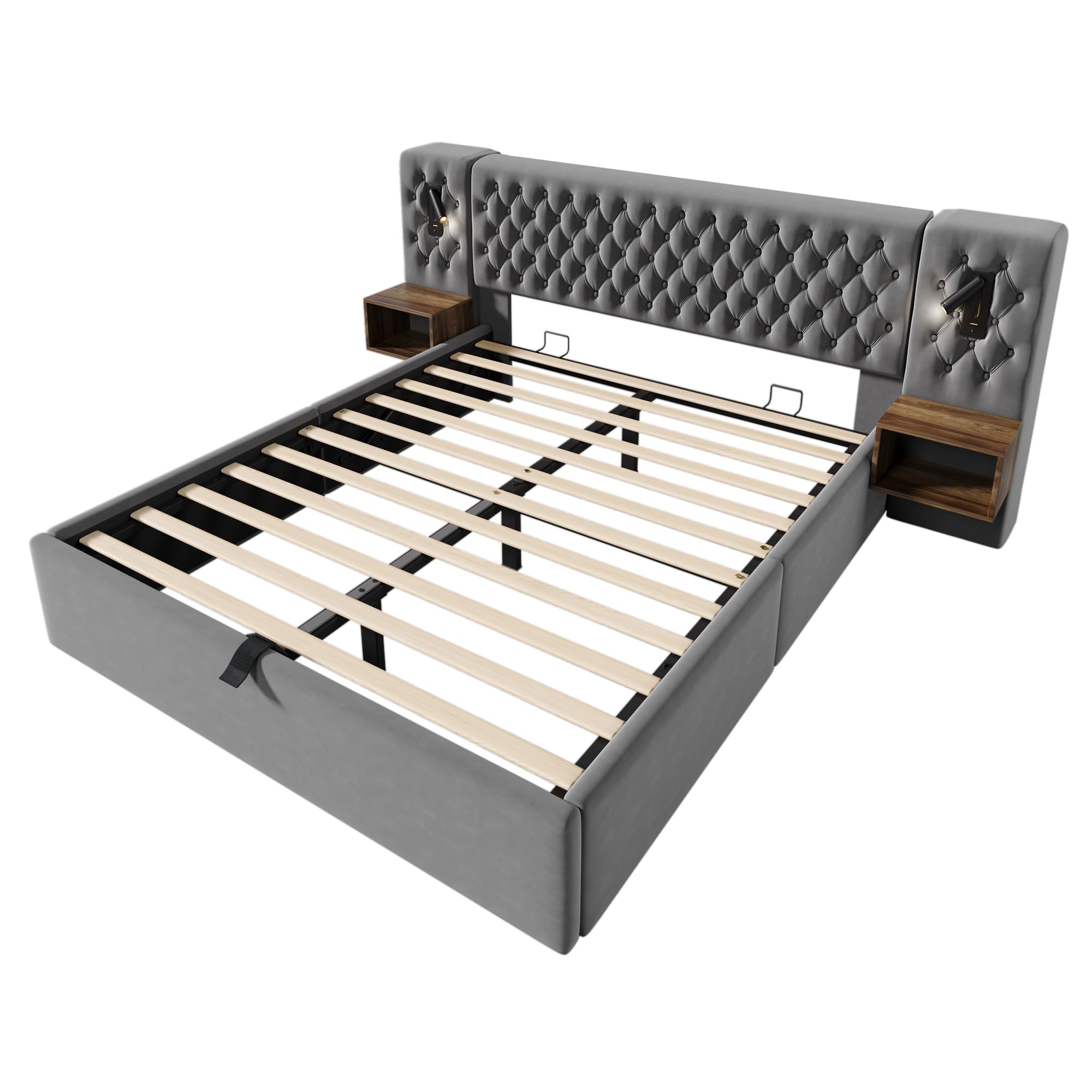 Bettanlage Schlafzimmer Komplett Set,Polsterbett Hydraulisch Stauraumbett Doppelbett mit 2 Nachttischen, Kopfteil Leselicht mit USB Ladefunktion, Samt, Ohne Matratze (Grau/2 Nachttischen, 160x200cm)