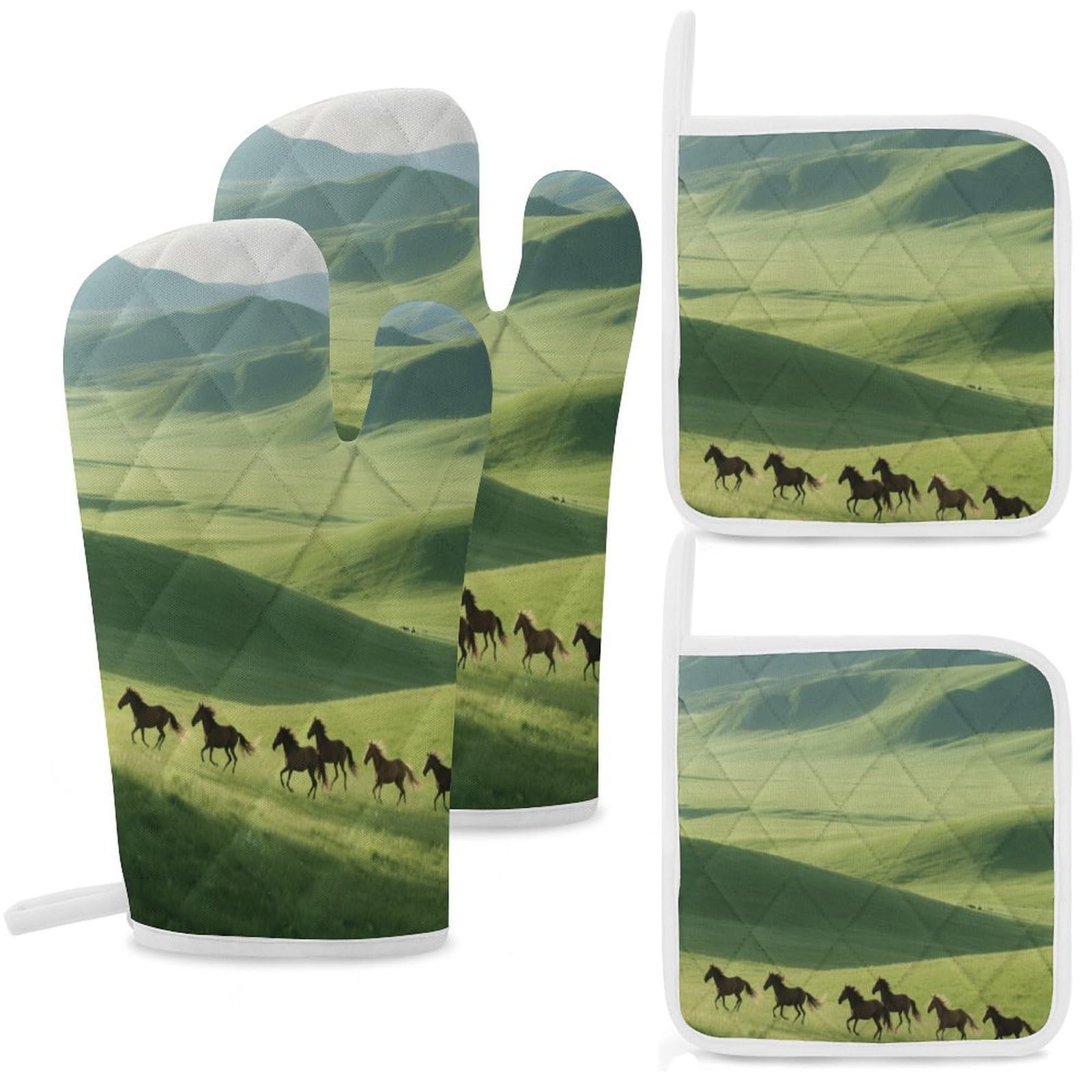 Fekiloot Style Grassland Horses Oven Mitts And Pot Holders 4-Piece Set, Kitchen Oven Glove With Hanging Loop, Bbq Gloves For Cooking Baking Grilling