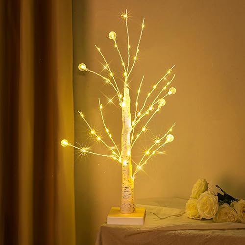 Árbol de abedul de 2 pies con 55 luces LED, árbol de abedul iluminado blanco cálido para interior y exterior, fiesta, decoración de Navidad.