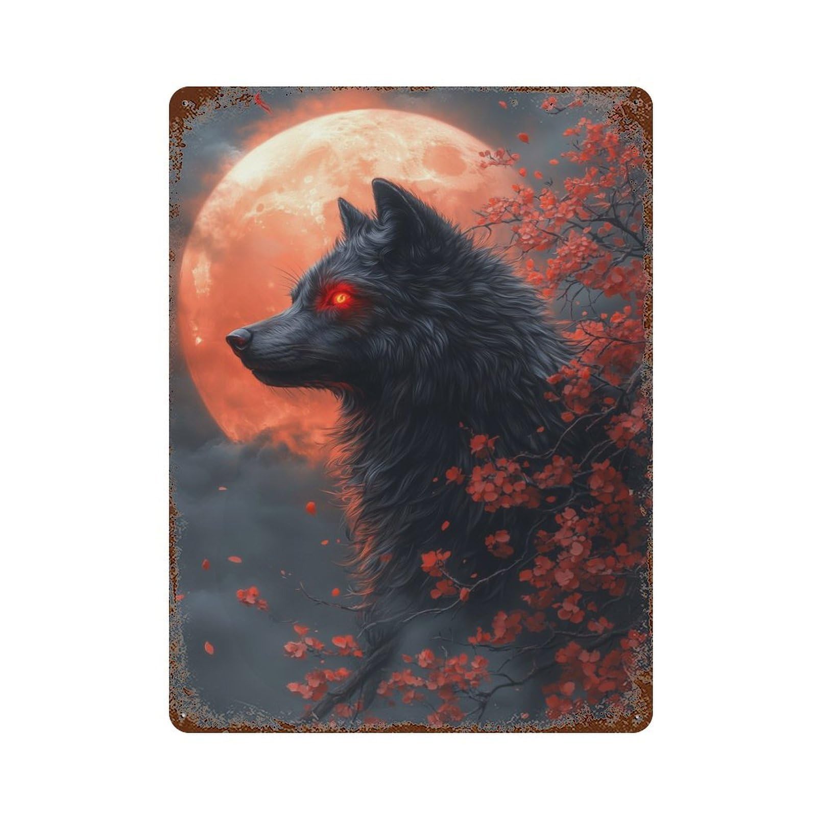 Black Wolf And Blood Moon 15.7"x11.8" Aged Metal Wall Plaque, Retro Wall Decor for Farmhouse, Kitchen And Entryway Decor