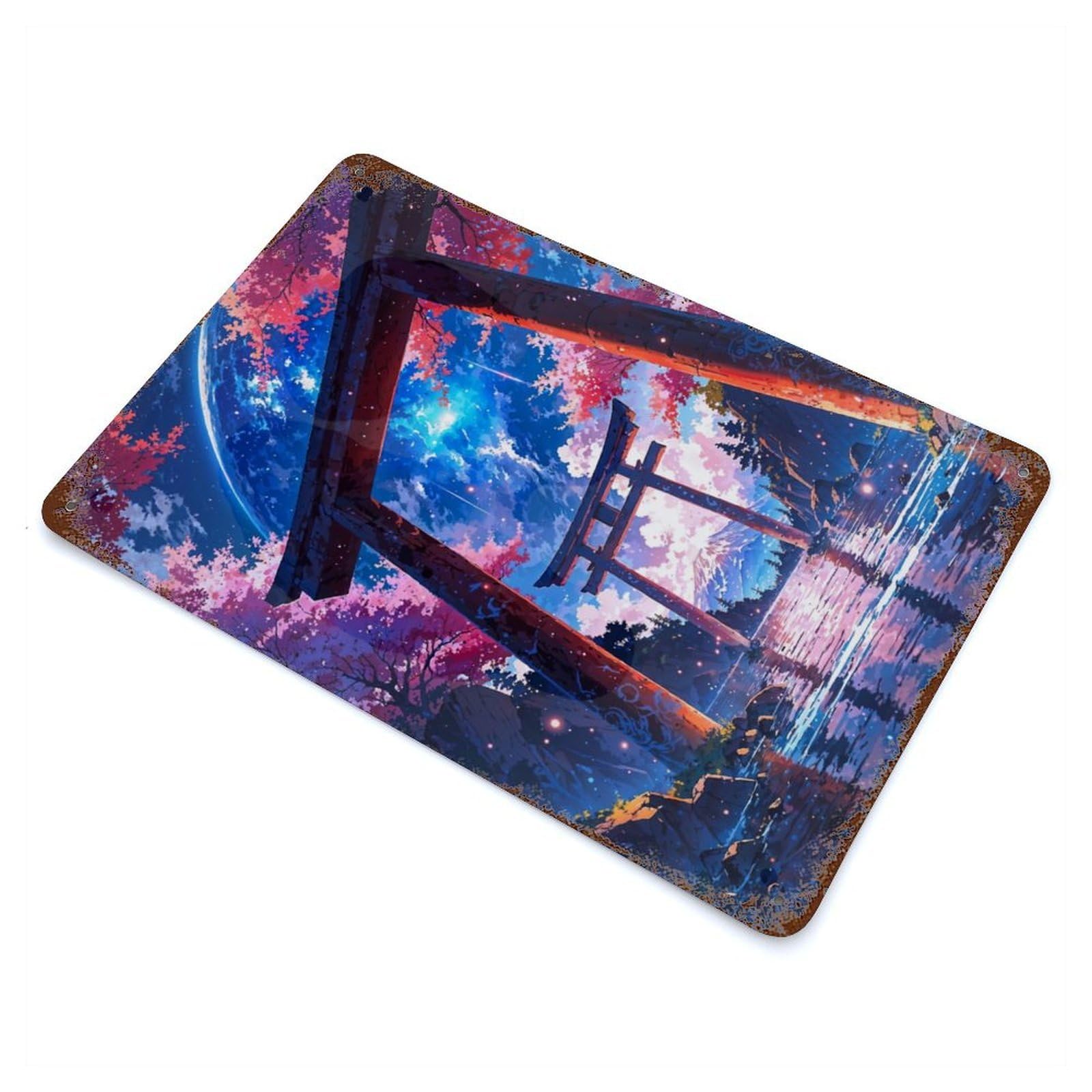 Japanese Torii Gate Space Landscape 11.8"x7.9" Rustic Tin Plaque, Farmhouse Wall Decor for Basement, Hobby Room And Garage Decor