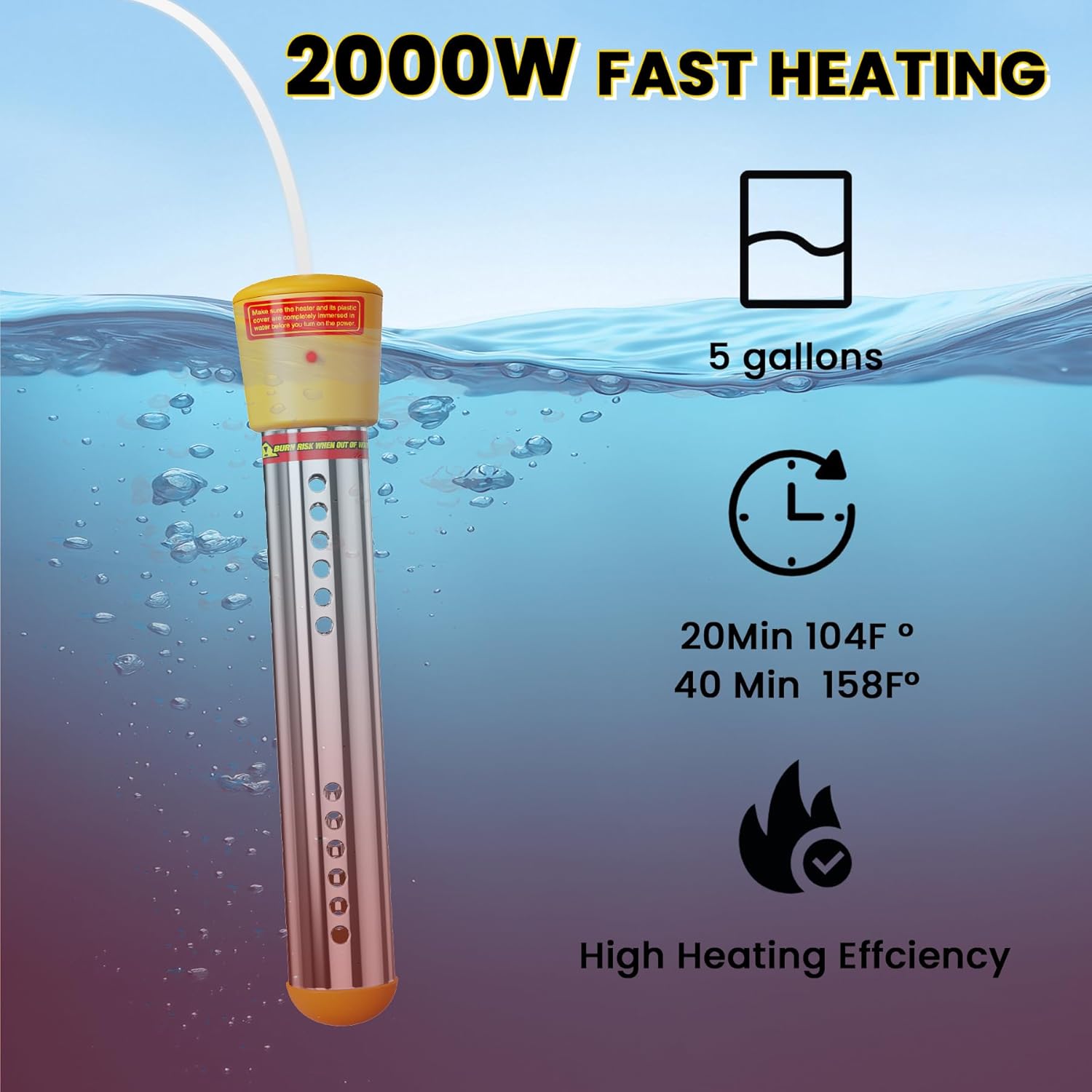 2000W Immersion Water Heater, Portable Electric Bucket Heater with Timing Automatic Power Off Function, LCD Thermometer, UL Certified for Fast Heating in Buckets, Bathtubs, Hot Tubs, Pools, Pet Bath