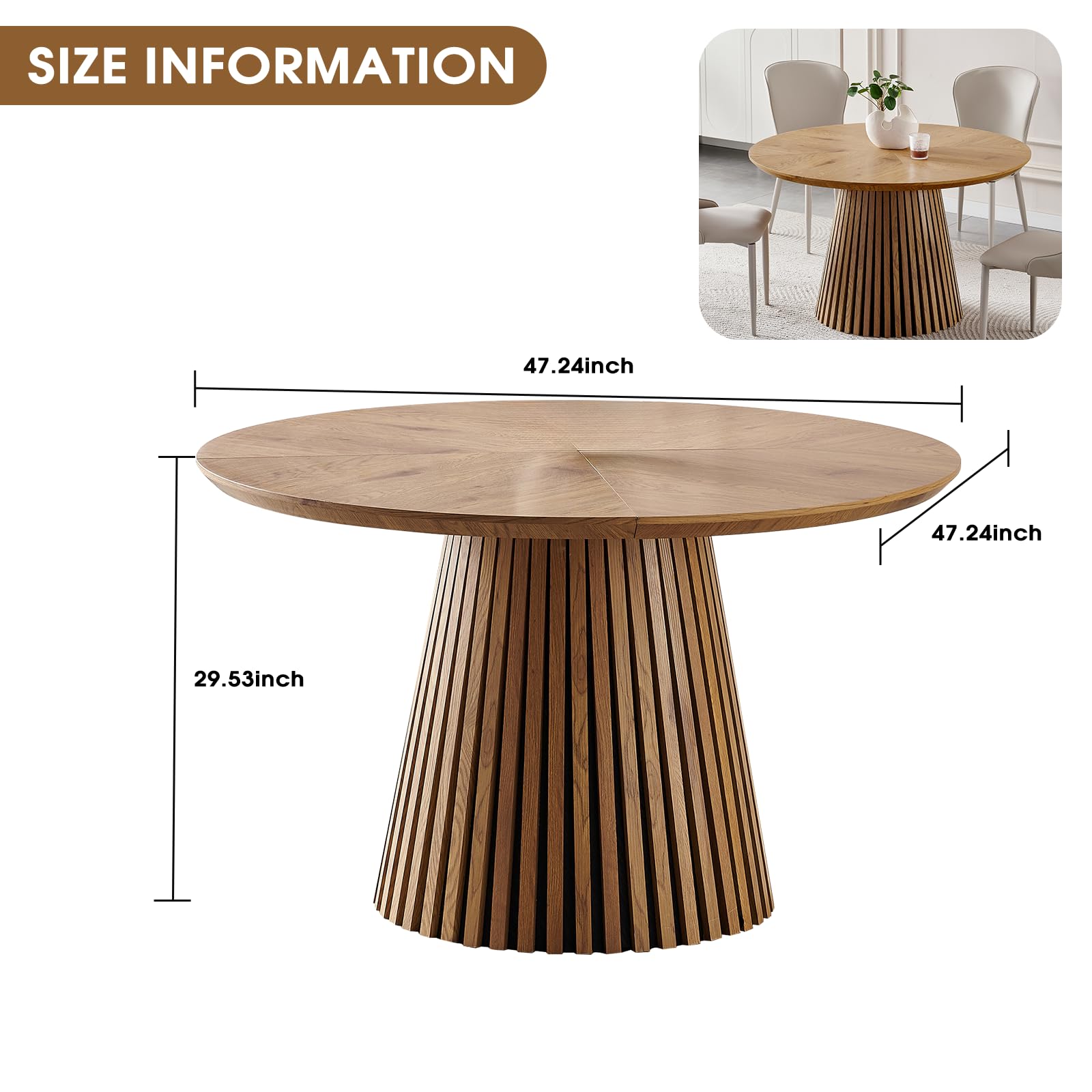 Nowoczesny okrągły stół z płyty MDF 120 cm dla 4 osób – styl wiejski z karbowaną podstawą oszczędzające miejsce meble kuchenne i jadalniane wykończenie z naturalnego drewna i stylowy design