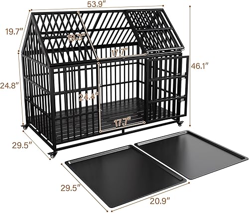 Miniatura 6 de Jaula para perros resistente de 54 pulgadas, perrera de metal para perros grandes, jaula grande para perros con 2 puertas, 4 ruedas con cerradura,