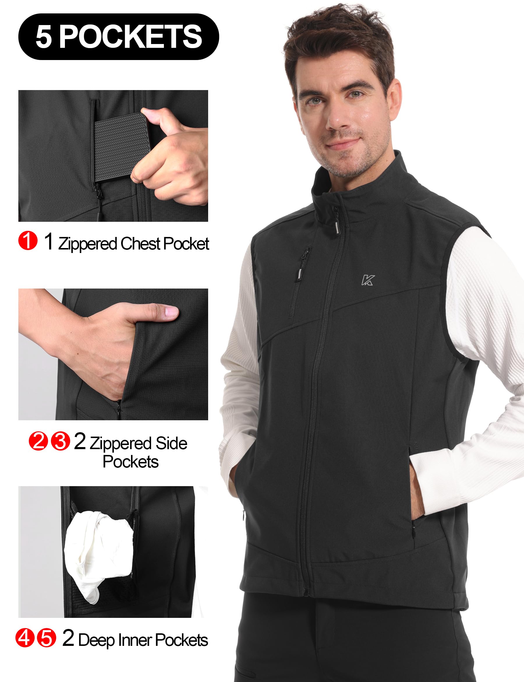 KUTOOK Chaleco Softshell para Hombre Chaqueta Cortaviento Ciclismo Senderismo al Aire Libre Deporte con 5 Bolsillos HC203