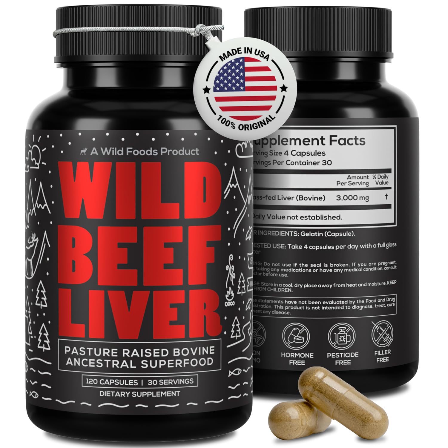 Wild Foods Beef Liver Capsules - Grass-Fed & Pasture-Raised | 3000mg Ancestral Supplement for Natural Energy & Immune Support | Organ Supplement for Men & Women | Keto, Paleo, Carnivore (120 Softgels)