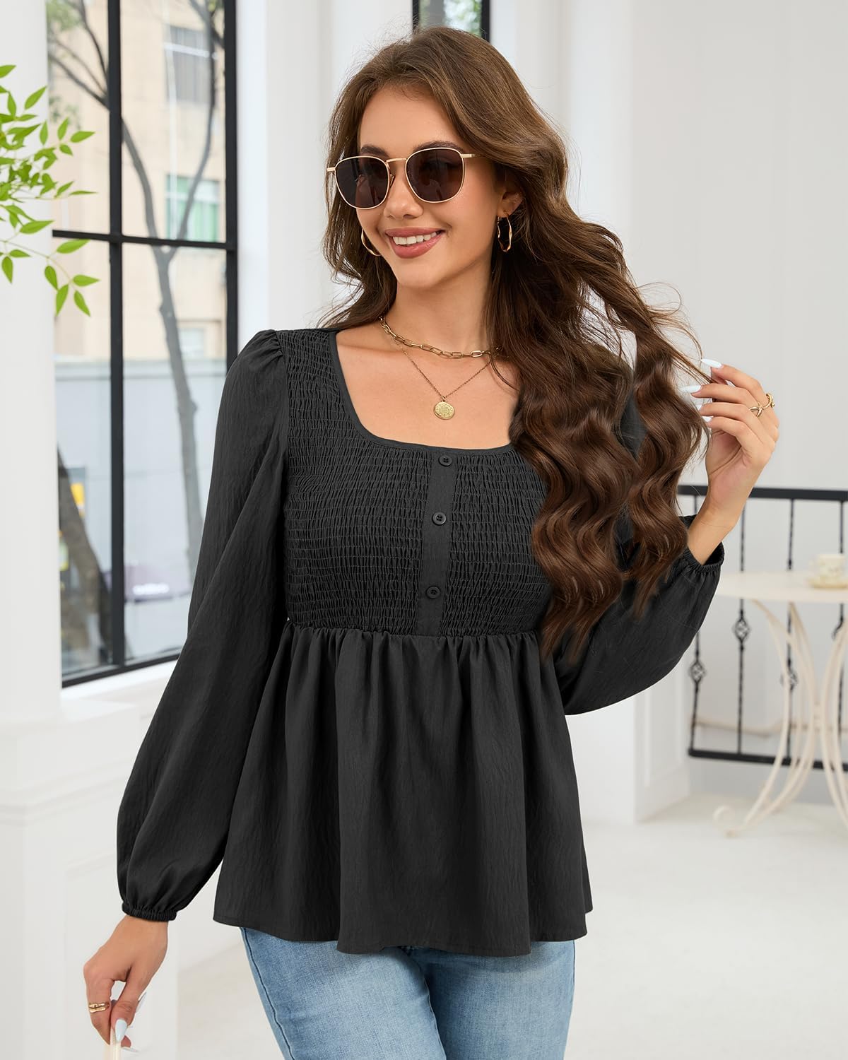 HEYTALALA Womens Peplum Tops Square Neck Smocked Puff Long Sleeve Blouses Babydoll Shirts 2025 Fall Dressy Casual Clothes - Image 3