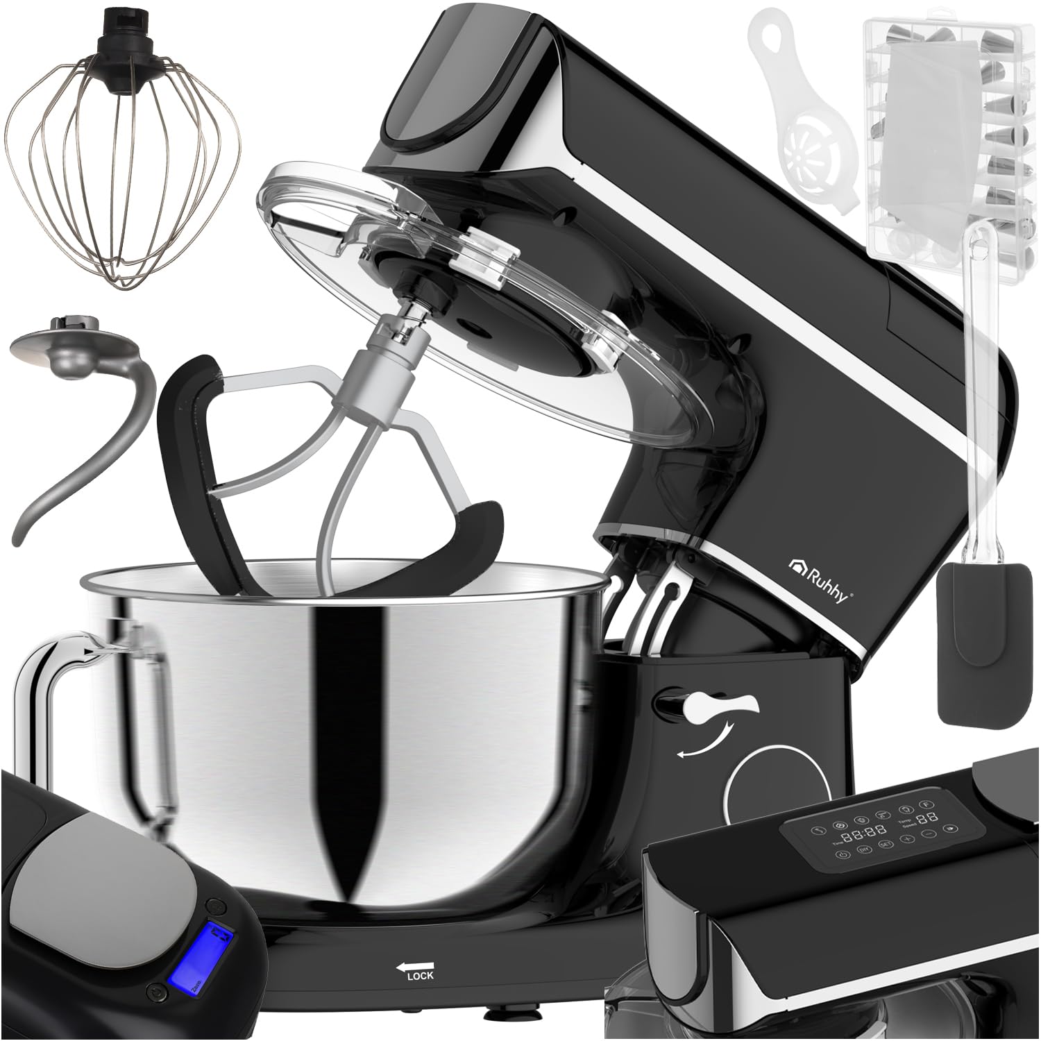 Küchenmaschine mit beheizbarer Rührschüssel 5,5L – RUHHY Teigmaschine mit integrierter Waage, Timer & Display – 11 Stufen, leise & leistungsstark – für Brot, Pizza & Kuchen