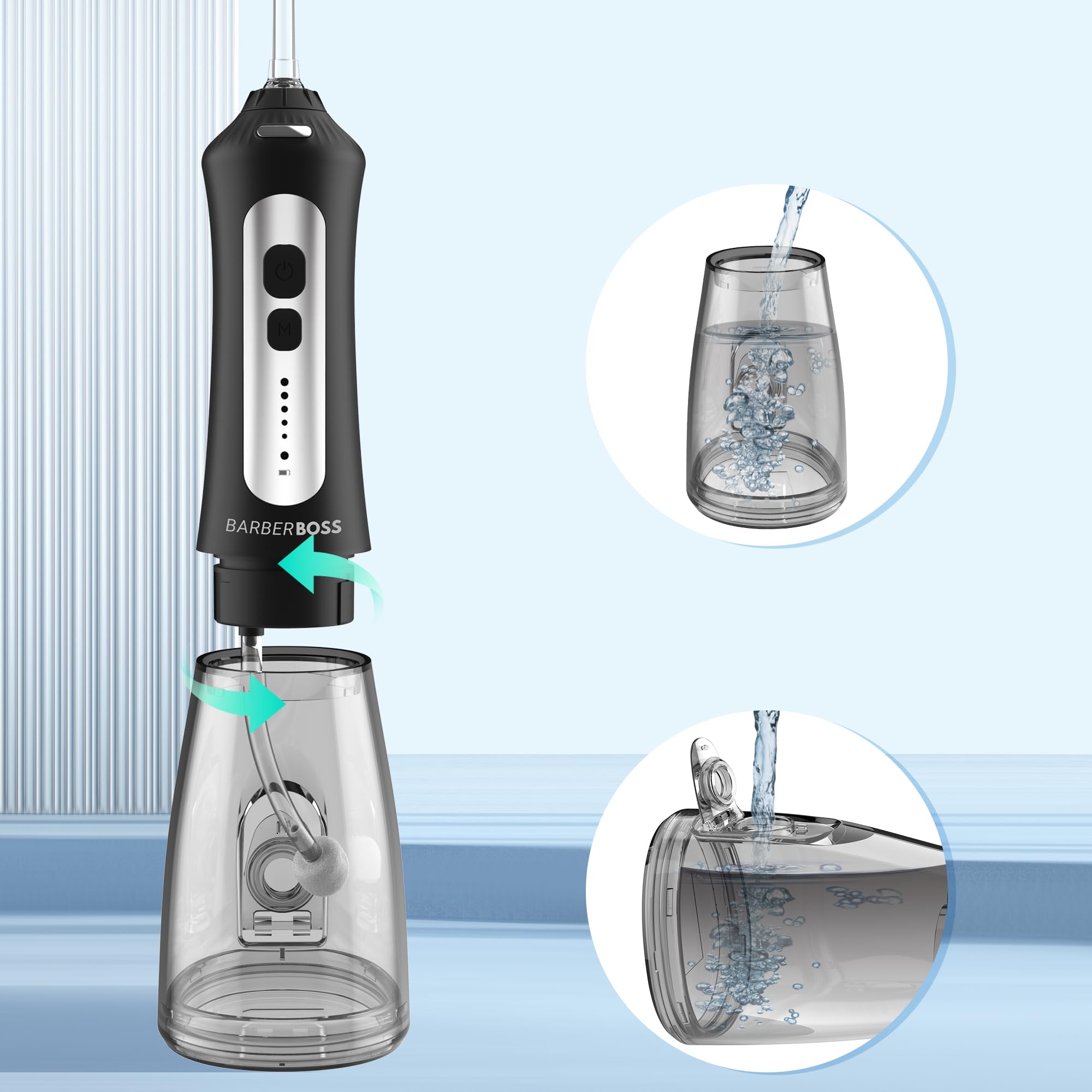 Irrigador bucal inalámbrico BarberBoss para dientes y encías, 6 boquillas multifuncionales, pantalla LED, recargable por USB, irrigador eléctrico (negro)