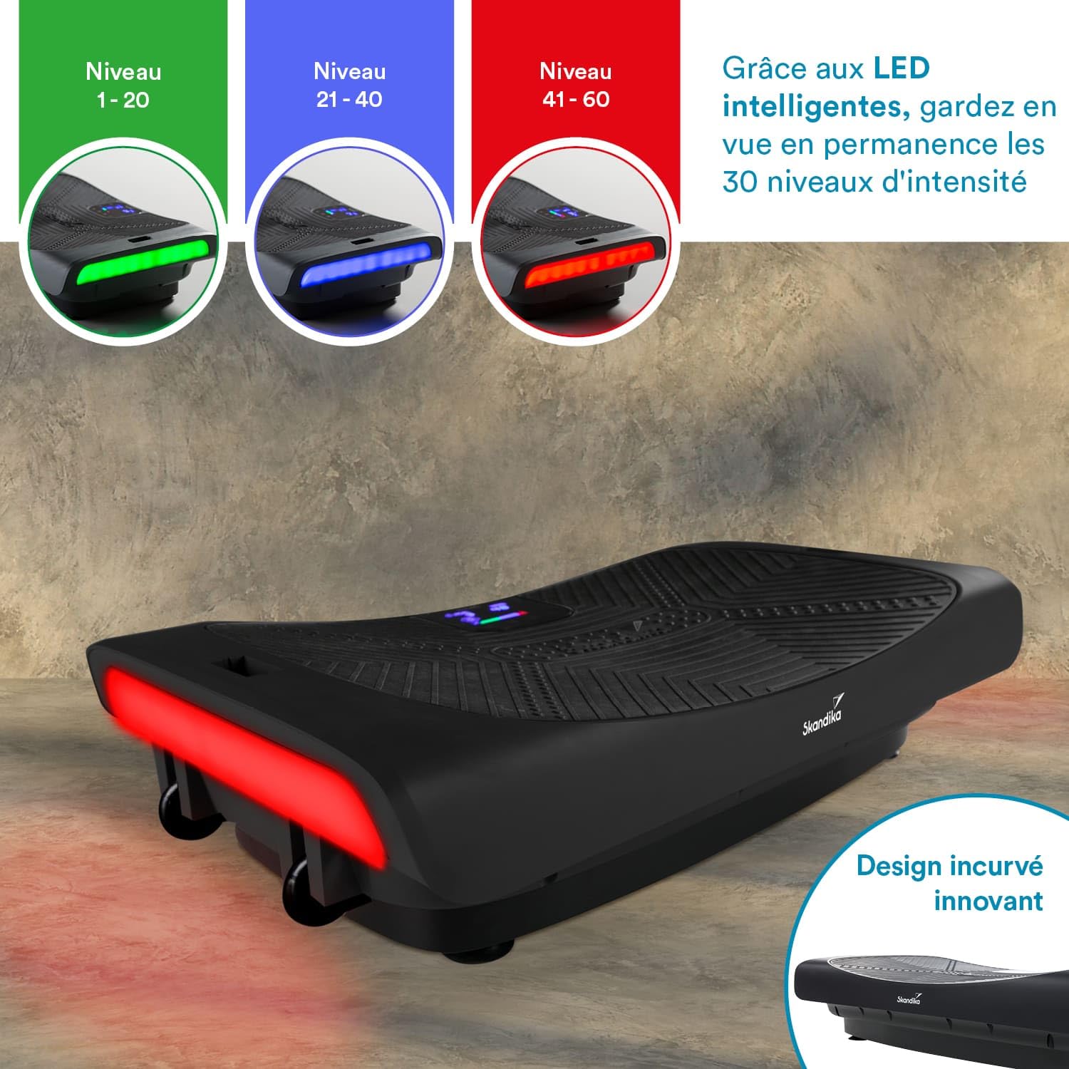 Skandika Platforma wibracyjna 4D V3000 | Zakrzywiona platforma wibracyjna, technologia Smart LED, trening wideo, głośnik Bluetooth i paski treningowe | Domowe urządzenie fitness