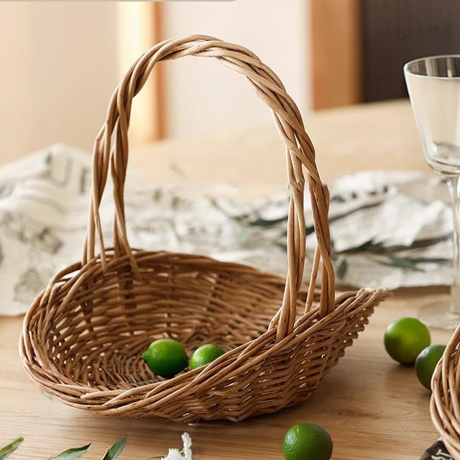 Cestino da picnic ovale intrecciato a mano in vimini con manico robusto, rattan marrone naturale, piccolo 23 x 16 x 23 cm o grande 30 x 24 x 25 cm, ideale per cene all'aperto, conservazione