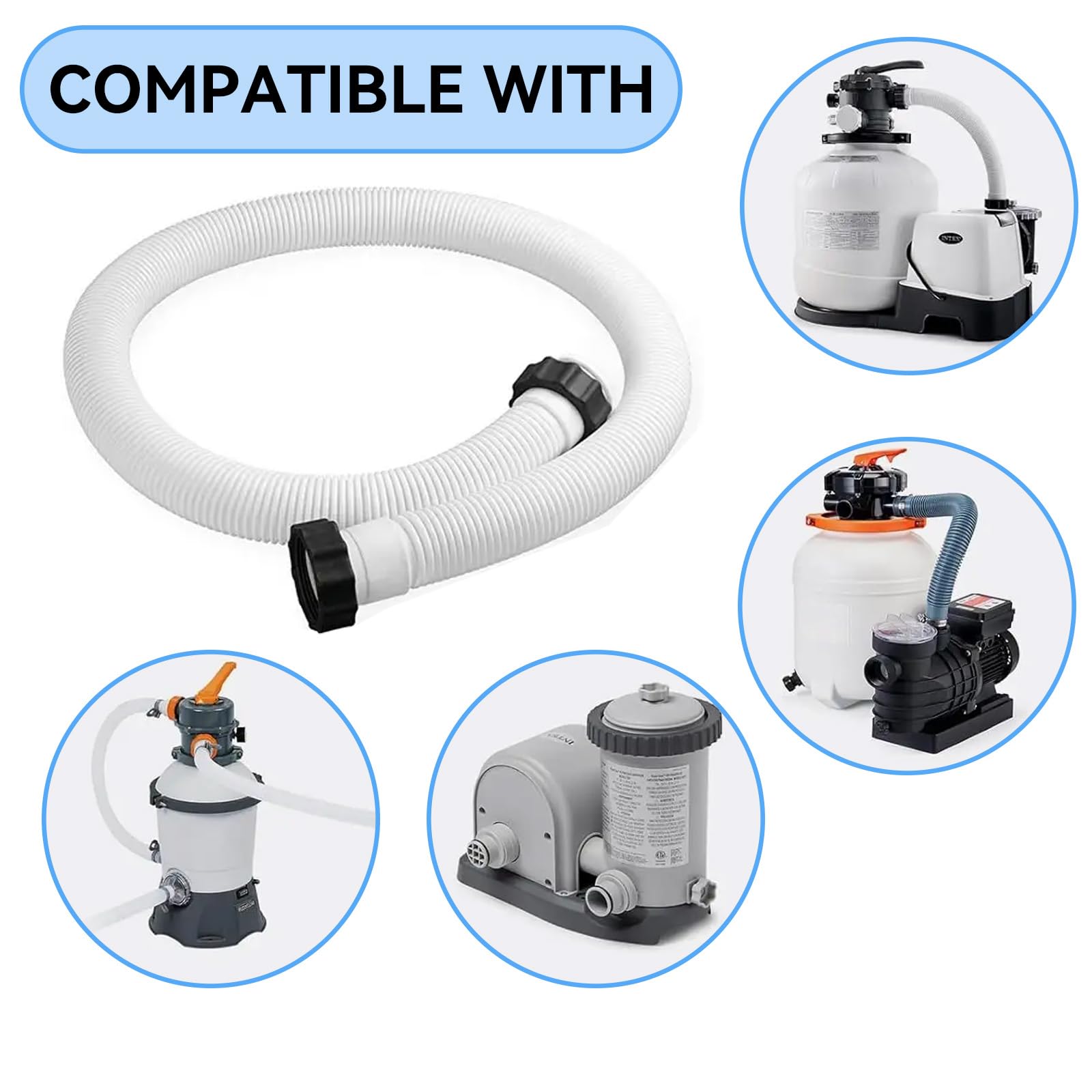 Lot de 2 tuyaux de piscine de 38 mm, 1,5 m pour pompe à sable et système de sel dans la pompe de filtration intensive, tuyau de 38 mm pour pompe à eau de 1500 Gph et capacité supérieure,blanc bleu