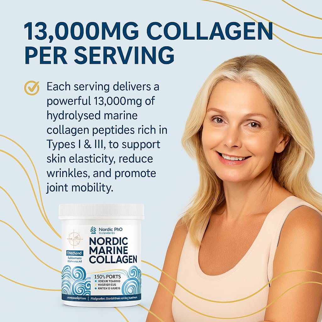 Nordic Marine Kollagen Pulver – 100% reine hydrolysierte Kollagenpeptide – Typ I & III – 13.000mg pro Portion – hohe Absorption – geschmacksneutral – 400g | 30 Portionen