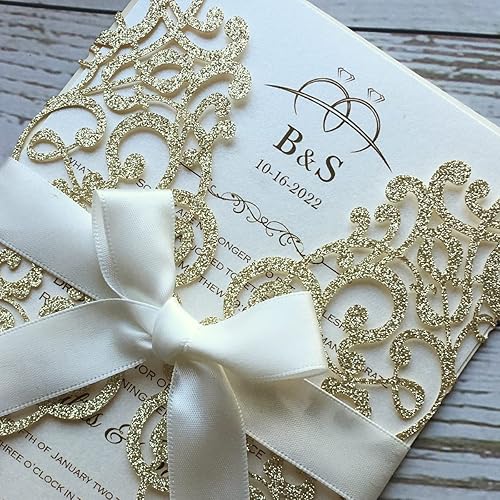 Miniatura 5 de 5.12 x 7.28 pulgadas, 50 piezas personalizadas de champán con purpurina, kit de invitaciones de boda cortadas con láser, tarjetas de invitación de