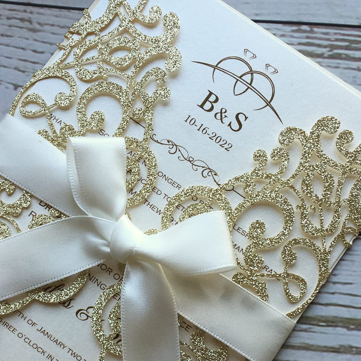 Lot de 50 cartes d'invitation de mariage vierges à paillettes - 12,7 x 18,5 cm - Champagne - Découpe laser - Avec enveloppes - Pour mariage, anniversaire
