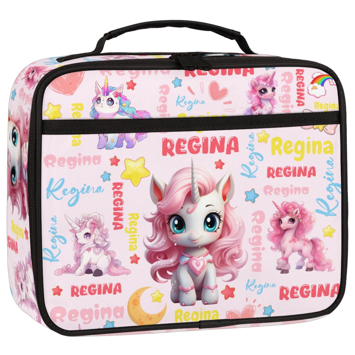 RIRIXING Personalised Lunch Box for Kids - Insulated School Lunch Bag with Name Customisation, Kids Snack Boxes with Handles, Cute Unicorn Clouds Text Pink